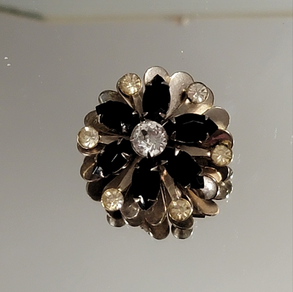 Vintage Floral Black & Clear Rhinestone Brooch Scatter Pin